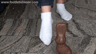 I crush a big chocolate Bunny with my cute withe socks