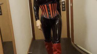 PVC Catsuit boots and leather corset tease