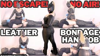 No escape! No air! Leather bondage handjob