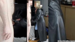 Leather Coat stays on for Handjob