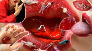 Tiny Travelers are being consumed by the lips of an Asian Giantess