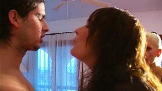 Spitting in his mouth & face - Bitchy Brats & Donkey - MP4 Clip
