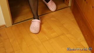 Ripped Black Thigh Highs in Worn Pink Clogs – Under Desk View