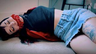 Girl Detective Ditria Rose Gets Captured During Her First Case (1080p) - Ditria Rose - girl sleuth, sneakers, tape bondage, on-screen gagging, bandanna cleave gag, floor struggle, bed tied