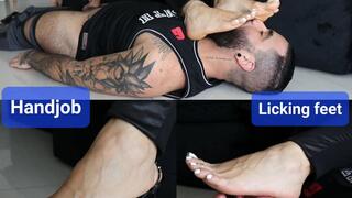Licking my feet while giving a handjob