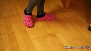 Under Desk Foot Play – Pink Clogs & Worn Socks