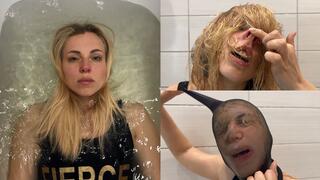 Helga pinches her nose and washes her hair