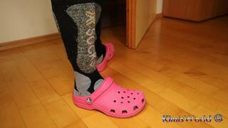 Gray Leggings, Pink Clogs, Ski Socks & Barefoot Under Desk