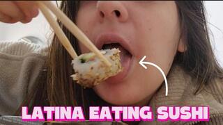 Latina eating sushi (chewing fetish)
