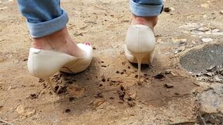 high heels stuck in ground, high heels sinking deep in soft ground, high heels walk, shoes wrecked, shoeplay