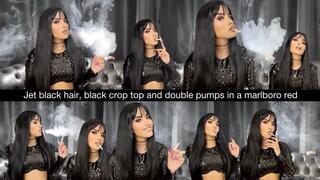 Jet black hair, black crop top and double pumps in a marlboro red