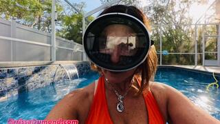 Pool scuba in workout clothes with mask removal, clear, weight-walking on the bottom, and bubble play