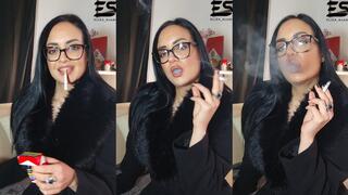 Elegant smoking in my black fur coat and glasses