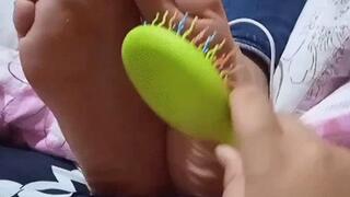 Tickling Latina Friend’s Tied Feet Face Up with Hairbrush and Electric Toothbrush!