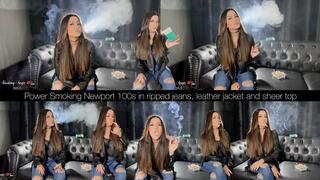 Power Smoking Newport 100s in ripped jeans, leather jacket and sheer top
