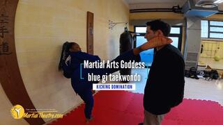 Martial Arts Goddess blue gi taekwondo kicking domination