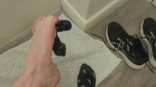 Post Run Sweaty sexy sock stripteases Red raw and wet