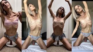 Skinny petite blonde fucks dildo with arms raised