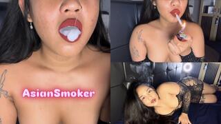 Smoking with red lipstick