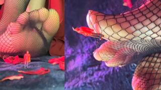 Tiny guy and feet in fishnet tights