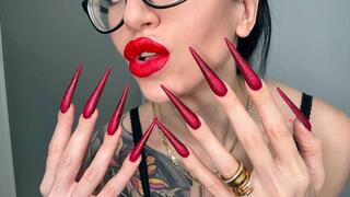RED Long nails, sharp stilettos, long fingers sucking, lace lingerie on me