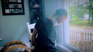 The Nurse Arrives Home For An Encounter With The Duct Tape Bandit (1080p) - Rachel Adams - scrubs, sneakers, hand over mouth, white tape, tape bondage, tape gag, taped to chair