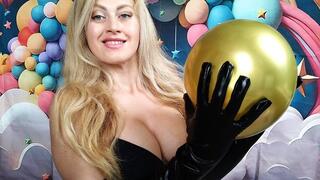 Blonde in Black Latex Gloves Teases & Pops Golden Balloon
