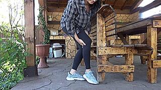 press your foot with a wooden bench