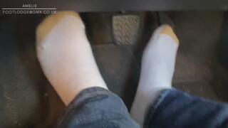 Driving in just my white gold toe socks