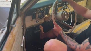 Sensual verbal gas pedal pumping and flooded cranking in flip flops and barefoot
