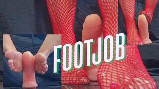 Footjob with and without fishnet stockings