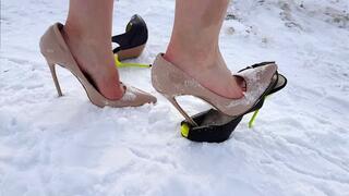 high heels wrecked on snow, high heels in snow, high heels destruction, high heels crush