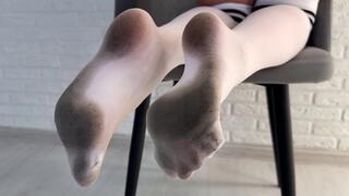 Dirty white nylon socks, dirty stockings, showing dirty socks, dirty feet posing, nylon socks dirty