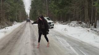 Flip flops on ice, sandals on ice, high heels on ice, girl on high heels on ice