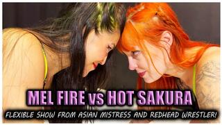 Mel Fire vs Hot Sakura - Sexy flexible redhead asian girl fight - Female wrestling - Scissorholds - Headscissors - Submission holds (1080p)