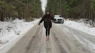 flip flops on ice, red flip flops on ice, sandals on ice, girl sliding on ice