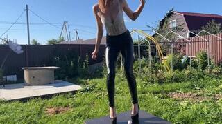 Girl in platform shoes and high heels crushes balls and gets pleasure (reissue)