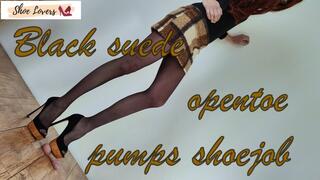 Ultra high heels black suede open toes pums: shoejob, cock trampling, cock crush bgm