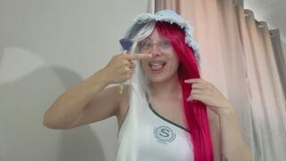 cosplay girl making exotic faces on face, mouth, lips, teeth