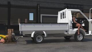 THE BEAUTIFUL MANAGER PEDAL PUMPING AND REVVING TO EMPLOYEE TO BREATHE EXHAUST FUMES