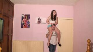 Sophie's Shoulder Ride In Skimpy Shorts