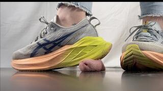 Asics Shoejob and Humiliation - Tramplegirl in Sneakers does some Cocktrampling and gives a Shoejob with spitting before she pisses on his slaves cock and cum - Shoejob, sneaker fetish, golden shower, shoe fetish, CBT, pee - multi - HD