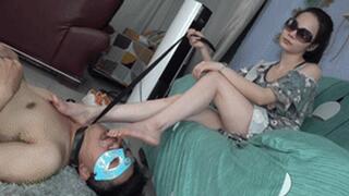 Goddess Su stomps mercilessly, licking her soles and feet!