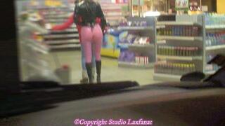 A latex-clad woman in pink leggings with stocking underneath visits gas station, masturbating large rubber dildo and pee in public REMASTERED