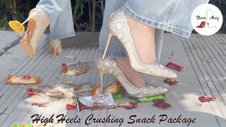 Silver Stiletto High Heels Crushing a Whole Pack of Snacks Outdoors