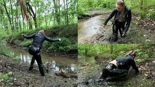 Anet walking through the mud in rubber boots