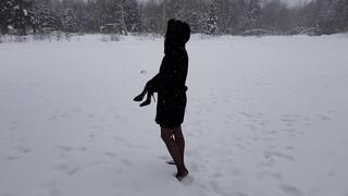 Girl in black stockings walking on snow, barefoot in snow, sexy feet in snow, lost shoes