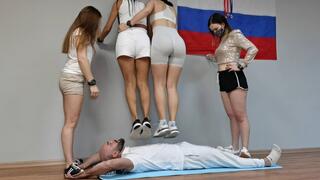 Multitrampling contest #79 (Part 2): 5 girls full-weight crushing & squeezing men under board & jumping on torsos and heads