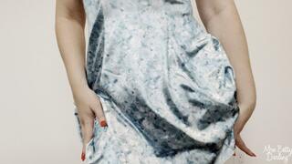 Housewife with Red Nails Teases in Blue Satin Slip and Polka Dot Fullback Panties