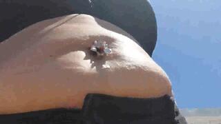 Milf Muffin Top Under Giantess unawares Bouncy Bejeweled Bloated Belly hanging over black Jean's Shorts and a tiny tank top Belly Button Fingering while taking a walk outside avi